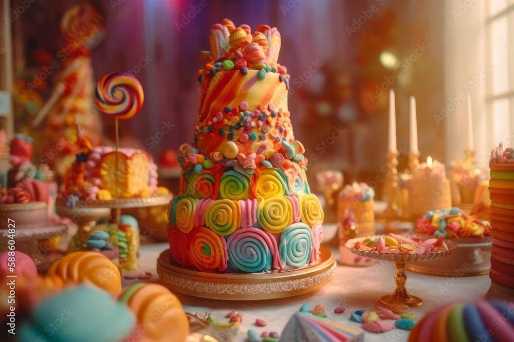 Illustration of a vibrant dessert table filled with a variety of colorful cakes and candies created with Generative AI technology