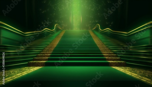 Green Carpet Bollywood Stage, Green Steps Spot Light Backdrop of the Golden Regal Awards. Generative ai