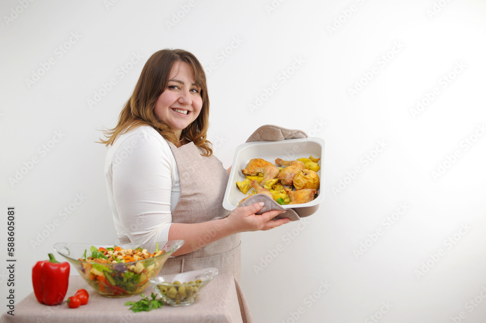 Roast Chicken female chicken noodle seller in apron smiling with thumbs up standing in front of cart. High quality photo Roast Chicken female chicken noodle seller in apron smiling with thumbs up standing in front of cart. High quality photo