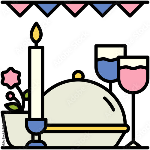 Dinner Party Icon, Line Filled Icon Style, Candlelight Event Symbol Vector Stock.