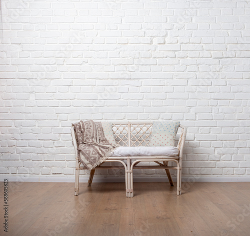Rattan Living Room Loveseat on white brick wall background
