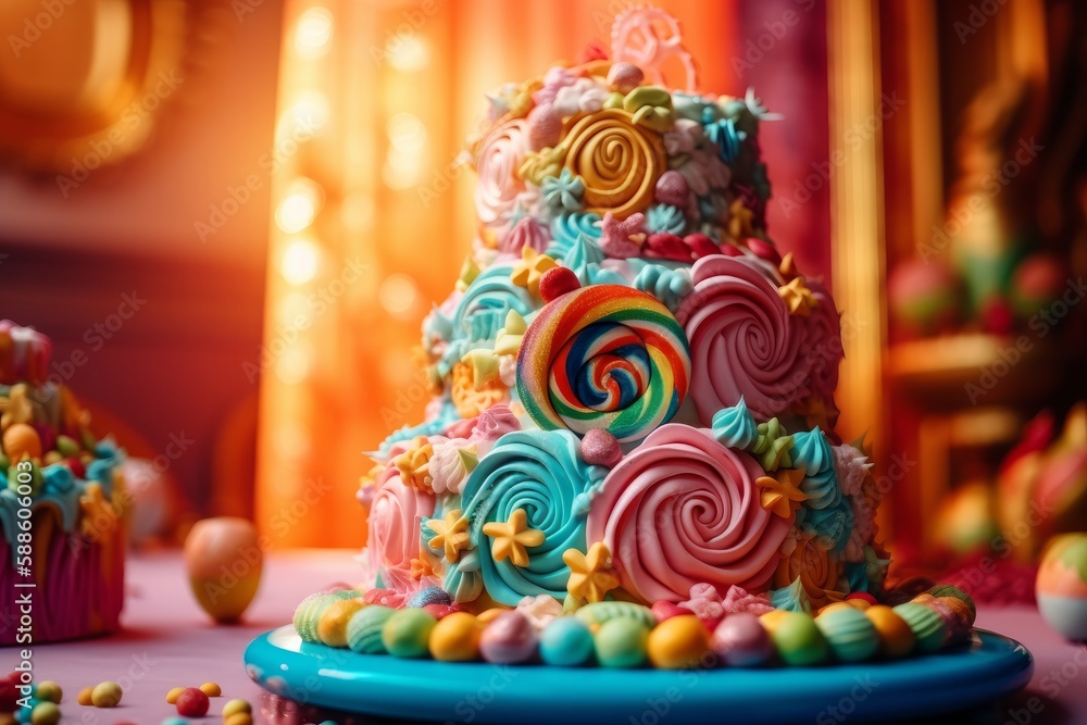 Illustration of a vibrant and playful candy-covered cake created with Generative AI technology
