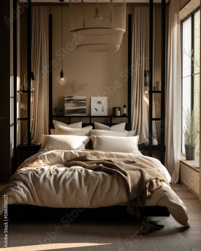 A bedroom with a soft, neutral color scheme and a bamboo lamp, in the style of light brown and dark black, maximalist, multilayered, silhouette lighting, cottagecore, white and beige, ai generative © SHArtistry
