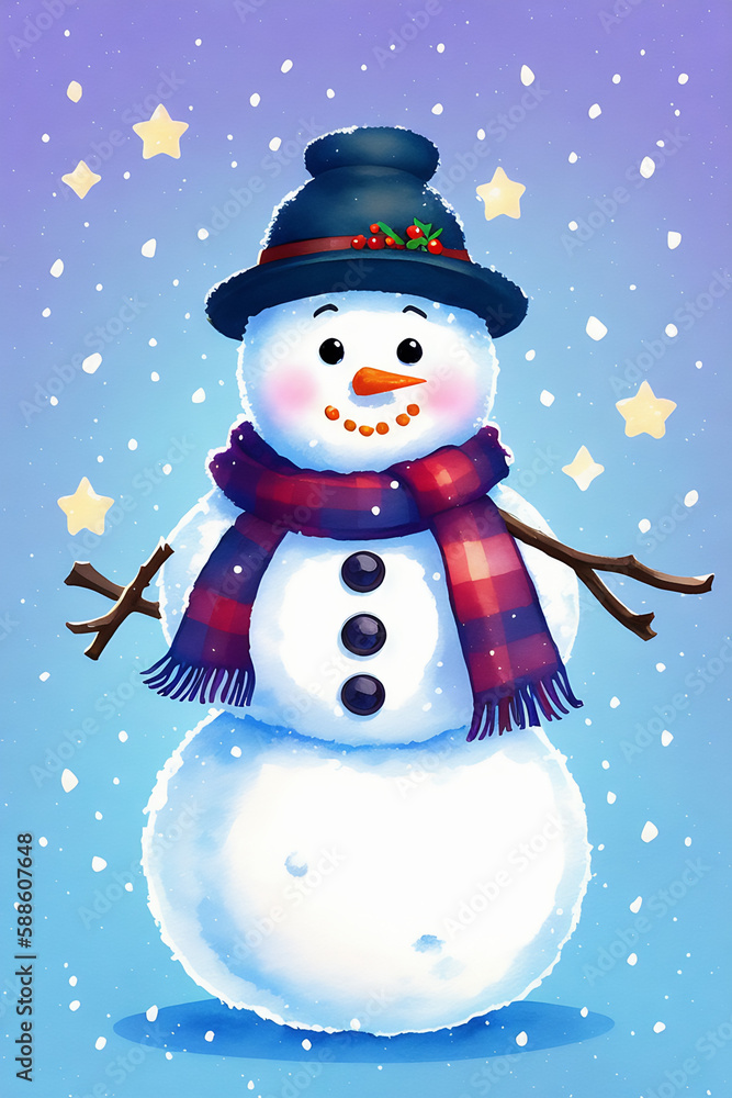 An adorable cute fluffy snowman character warmed up in winter clothes standing in nice hat and scarf with red nose ready to celebrate christmas created with generative ai

