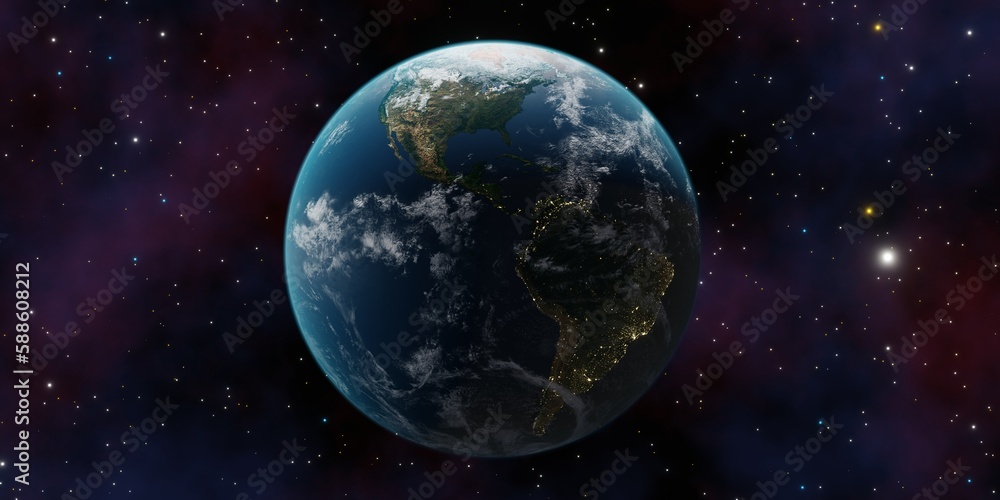 World planet satellite, Stars, nebula and galaxy 3d render. Concept of climate change, dark night, cities lights, sunrise. Beautiful 3d earth planet. Sunrise from outer space