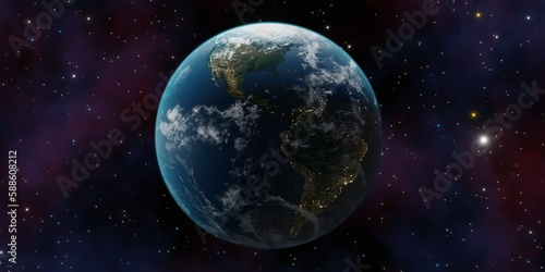 World planet satellite  Stars  nebula and galaxy 3d render. Concept of climate change  dark night  cities lights  sunrise. Beautiful 3d earth planet. Sunrise from outer space