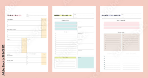 3 set Daily weekly monthly Planner. Minimalist planner template set. Vector illustration.