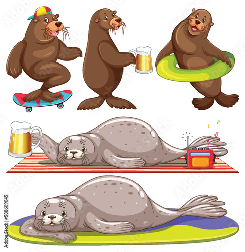 Set of seal cartoon character in the summer