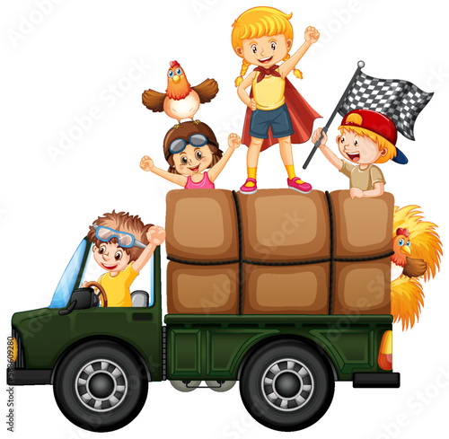 A boy driving truck with friend