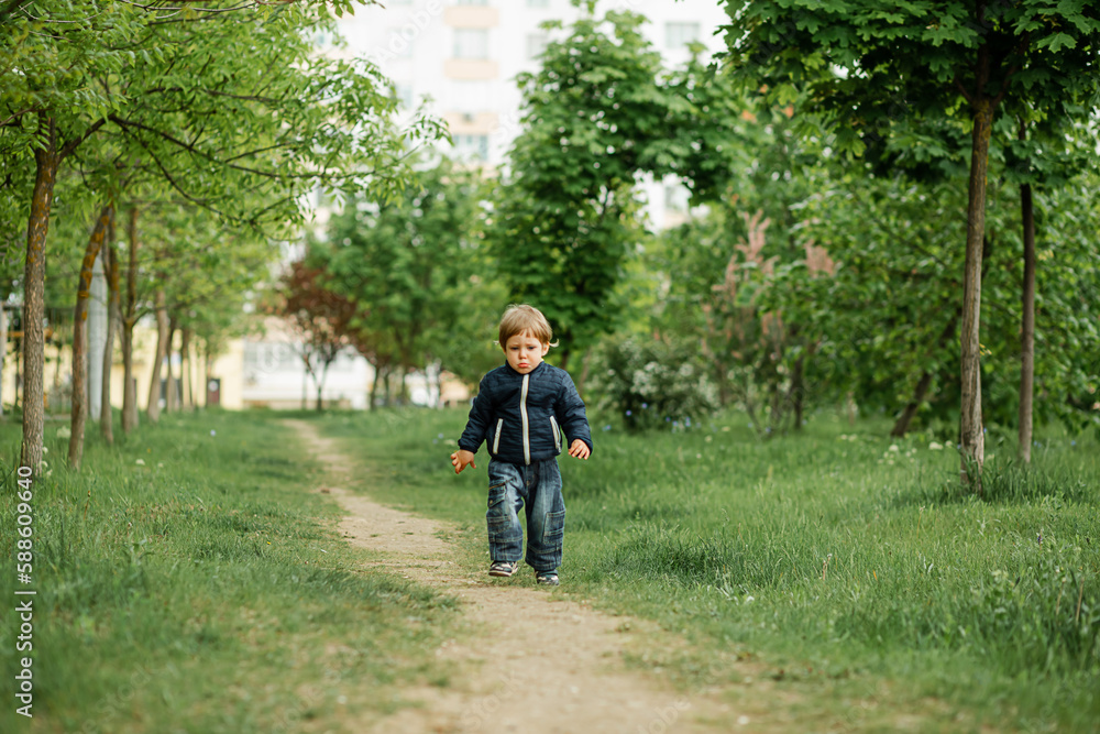 Obraz premium Little boy running in the park. Child having fun and enjoy a weather. All kids love play with stick. Happy childhood. A little child boy outside looking far. A young boy walking on a sunny summer day.