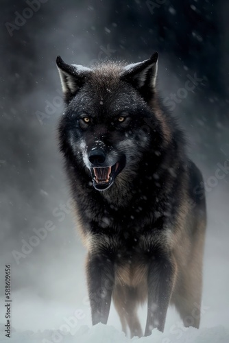 portrait of black wolf in the snow winter, showing teeth Angry howling, generative ai