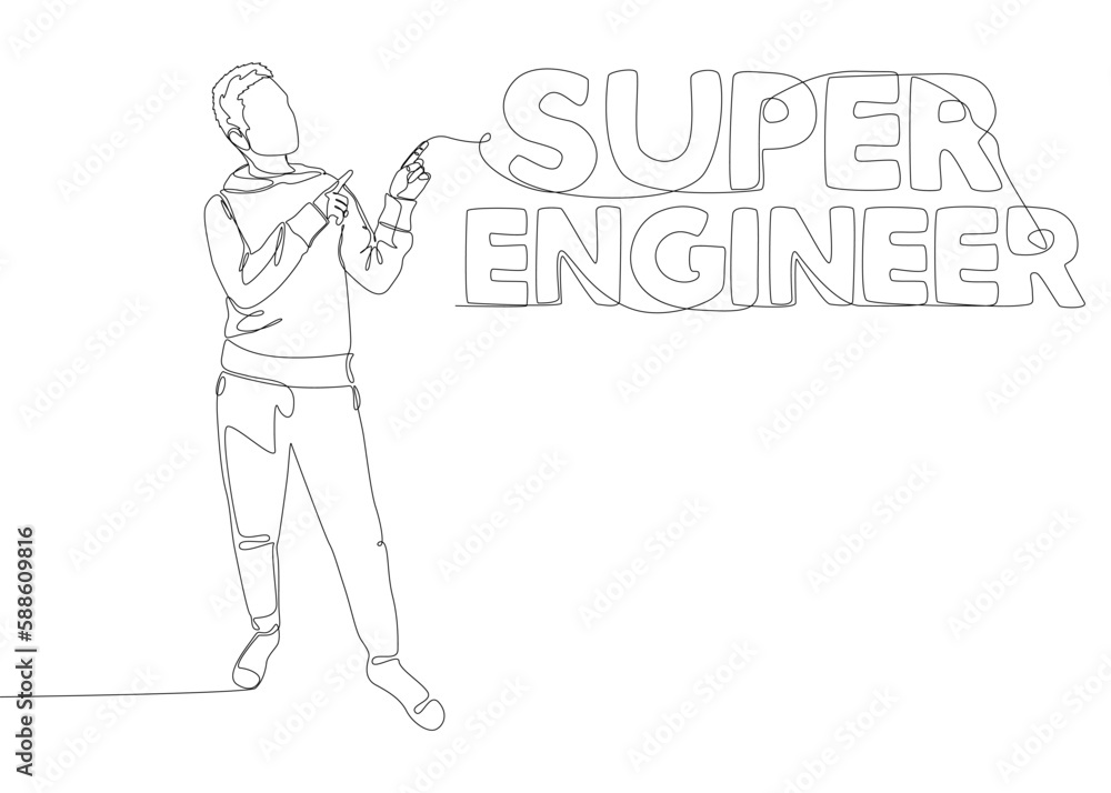 One continuous line of Man pointing with finger at Super Engineer word. Thin Line Illustration vector concept. Contour Drawing Creative ideas.