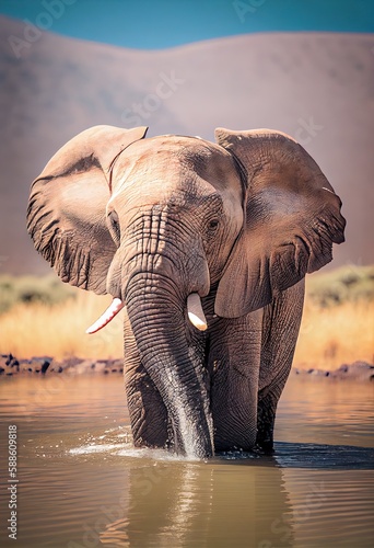 Elephant cooling off in a lake on a hot day, generative ai