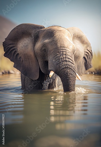 An elephant cooling off in a lake on a hot day  generative ai