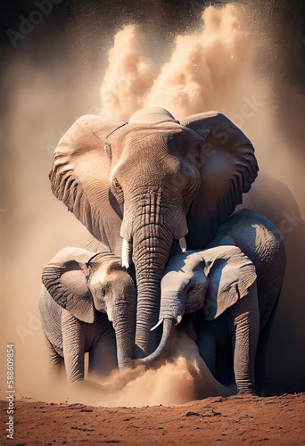 Elephant family taking a dust bath together, generative ai