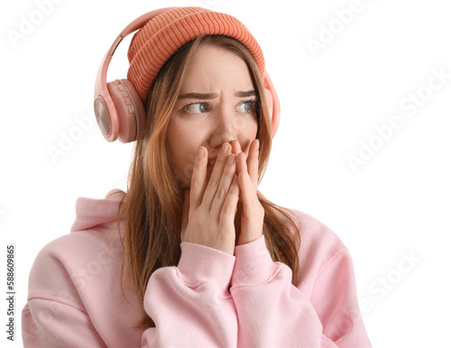 Worried young woman in head...