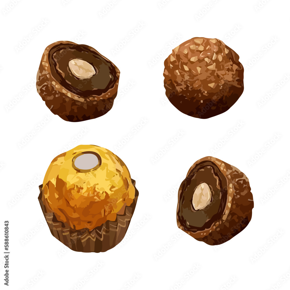 Chocolate candy ball shape with filling and nuts, isolated on white background. Hand drawn watercolor vector illustration Chocolate candy ball shape with filling and nuts, isolated on white background. Hand drawn watercolor vector illustration