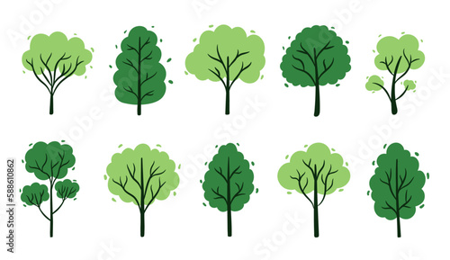 A hand-drawn set of green trees on a white background