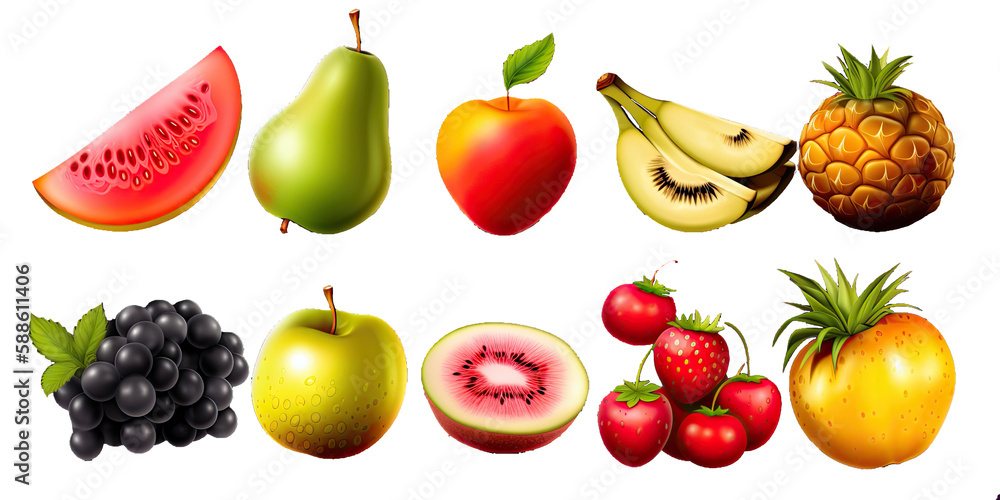 Assortment of different fruits and berries, flat lay, top view, apple, strawberry, orange, mango, grape, lemon, kiwi, peach, pineaplle, banana, watermelon, isolated on transparent background Assortment of different fruits and berries, flat lay, top view, apple, strawberry, orange, mango, grape, lemon, kiwi, peach, pineaplle, banana, watermelon, isolated on transparent background