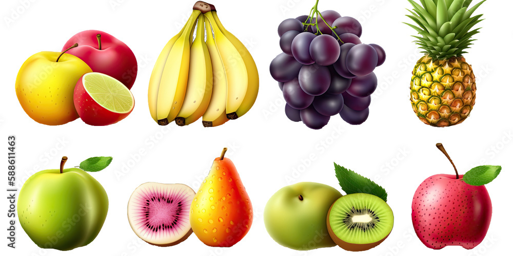 Assortment of different fruits and berries, flat lay, top view, apple, strawberry, orange, mango, grape, lemon, kiwi, peach, pineaplle, banana, watermelon, isolated on transparent background Assortment of different fruits and berries, flat lay, top view, apple, strawberry, orange, mango, grape, lemon, kiwi, peach, pineaplle, banana, watermelon, isolated on transparent background