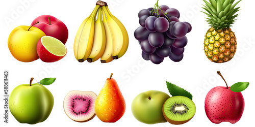 Assortment of different fruits and berries  flat lay  top view  apple  strawberry  orange  mango  grape  lemon  kiwi  peach  pineaplle  banana  watermelon  isolated on transparent background