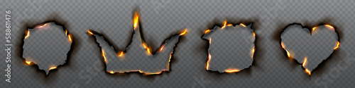 Burn edge paper hole corner vector effect set on transparent background. Isolated realistic fire and ash texture heart, crown border for burnt page. Scorched flammable template illustration for mockup