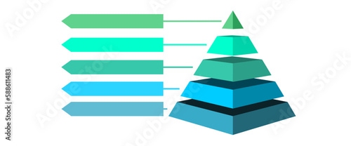 Infographic illustration of blue and green triangles divided and cut into five and space for text, Pyramid shape made of three layers for presenting business ideas or disparity and statistical data photo