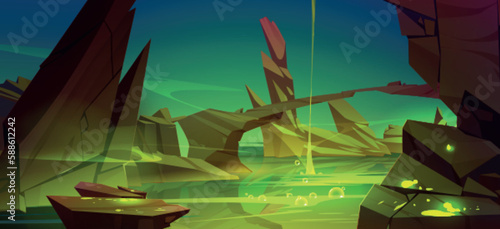 River of toxic green substance flowing between rocks. Vector cartoon illustration of dark landscape with poisoned bubbles on dirty lake water surface, stone bridge. Chemical pollution. Game background