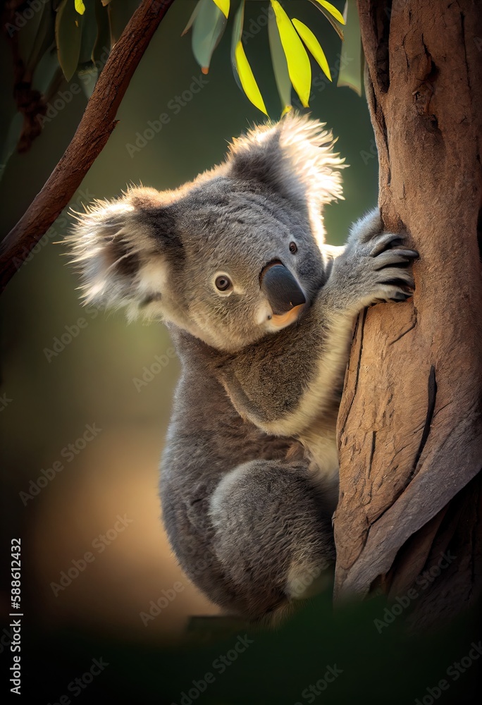 Obraz premium Koala climbing up a tree, generative ai