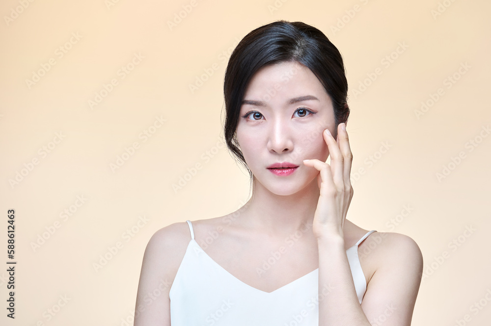 Photo of girl with flawless skin on Yellow background. Skin care and beauty concept Photo of girl with flawless skin on Yellow background. Skin care and beauty concept