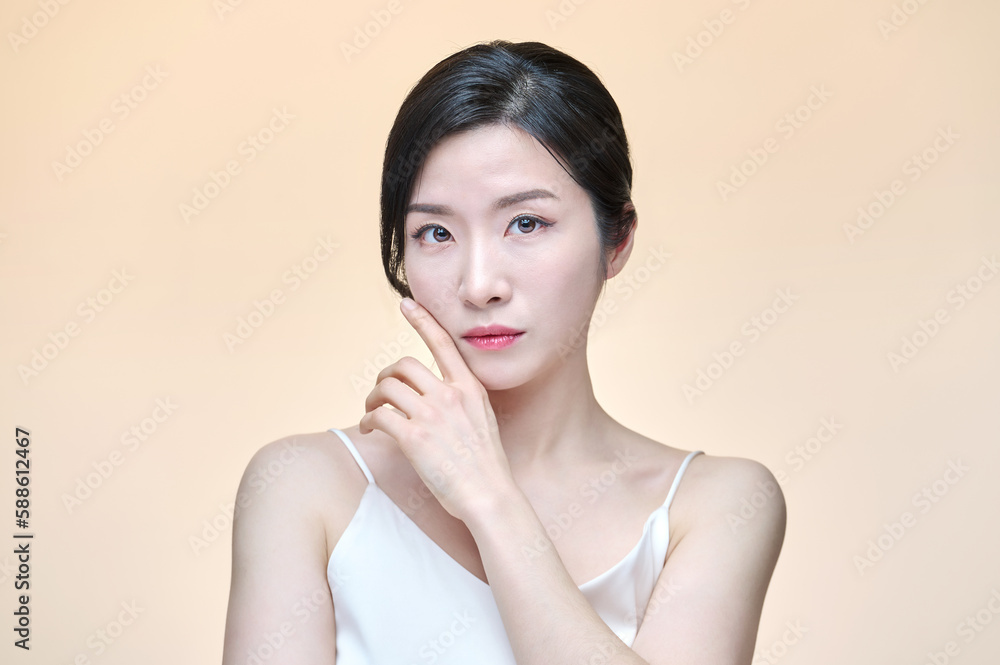 Photo of girl with flawless skin on Yellow background. Skin care and beauty concept Photo of girl with flawless skin on Yellow background. Skin care and beauty concept