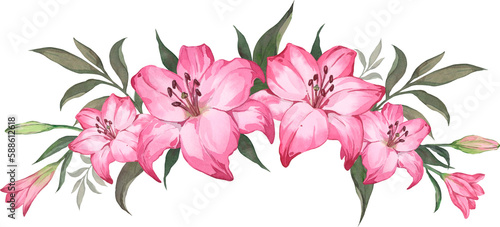 Watercolor illustration of pink lily flowers. Perfect for a greeting card or invitation