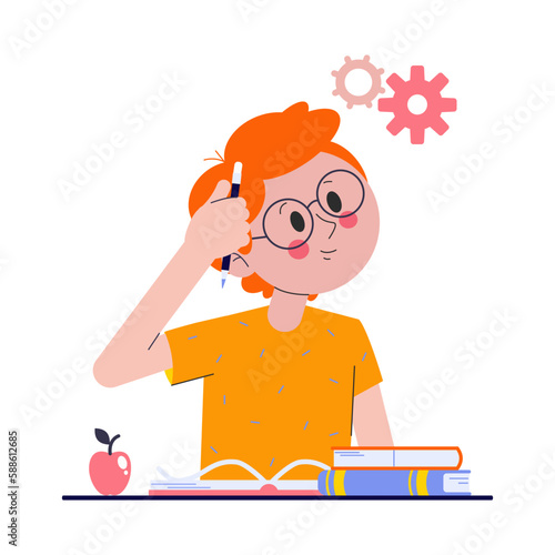 Boy on school exam. Kid study and think about test or homework in class. Pupil confused how to do survay on blank. Vector illustration about child education