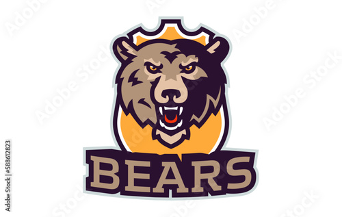 Sports logo with bear mascot. Colorful sport emblem with bear, grizzly mascot and bold font on shield background. Logo for esport team, athletic club, college team. Isolated vector illustration