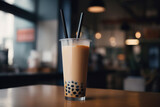 Refreshing sweet drink bubble tea with two straws in a cafe on a table, close-up. Generative AI