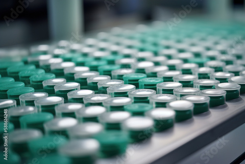 Pharmacology, medicine and healthcare concept. Close-up of the production of medicine capsules on the assembly line of the factory, selective focus. Generative AI