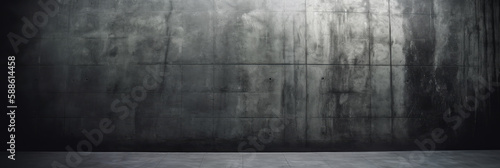 Dark and dim huge concrete wall and floor background. extra Wide format. Generative AI. 