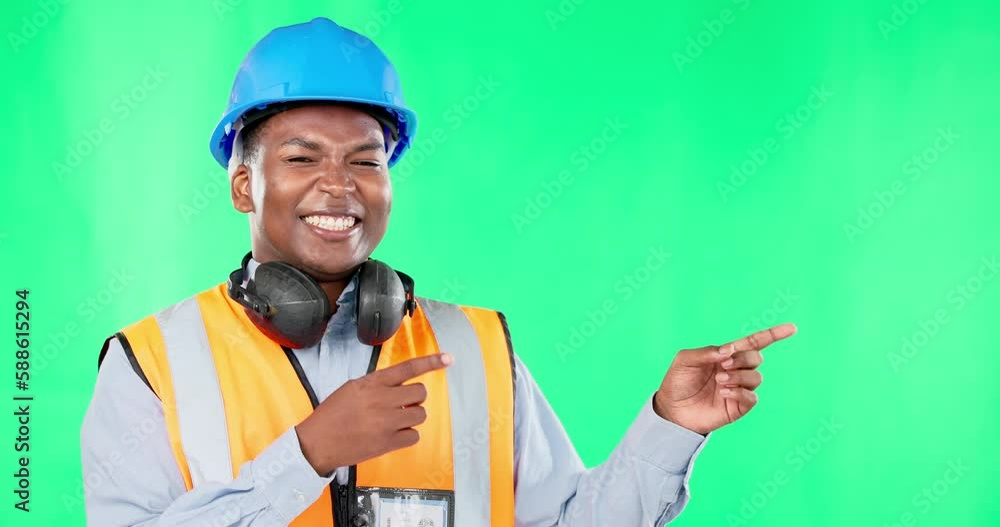 Construction worker, black man with smile, pointing and green screen, marketing and product placement. Mockup, branding and happy male in portrait with contractor business advertising and logo promo Construction worker, black man with smile, pointing and green screen, marketing and product placement. Mockup, branding and happy male in portrait with contractor business advertising and logo promo