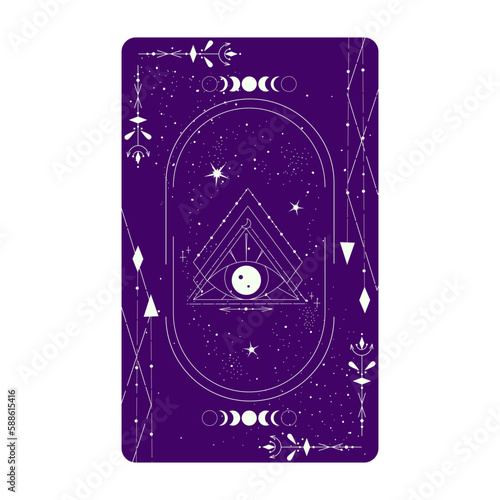 Tarot card with mystic eye pyramid and celestial border. Boho esoteric tarot card with eye and frame. Vector illustration. Sacred geometry celestial triangle