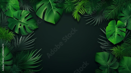 Green Collection of tropical leaves, foliage plant with space background