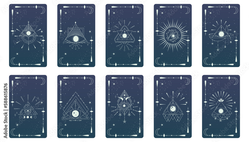 Tarot card set with mystic eye pyramid and celestial border. Boho