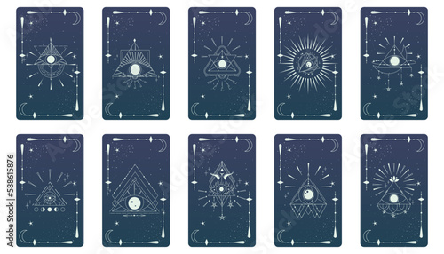Tarot card set with mystic eye pyramid and celestial border. Boho esoteric tarot card with eye and frame. Vector illustration. Sacred geometry celestial triangle