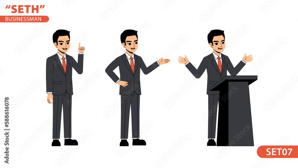 Seth Business Man Talking Present Presentation Advice Explain Pose Standing Character Design Set