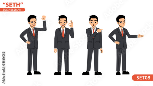 Seth Business Man Say Hi Ok Point Advice Body Language Pose Standing Character Design Set
