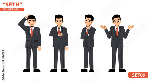 Seth Business Man Thinking Time Watch Boring Body Language Pose Standing Character Design Set