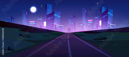 Night road to city vector background. Highway to futuristic street building with neon light. Front view on urban skyline cartoon illustration. Dark time purple downtown architecture and speedway