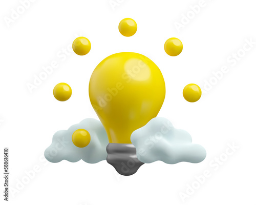 Vector 3d light bulb icon. Shining cartoon lamp in clouds isolated on white background. Idea or energy simple concept