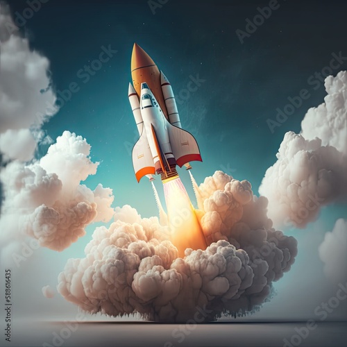 Space rocket flying toward the clouds believable rocket icon Having a successful company concept, generative ai