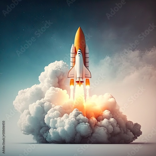 Space rocket flying toward the clouds believable rocket icon Having a successful company concept  generative ai