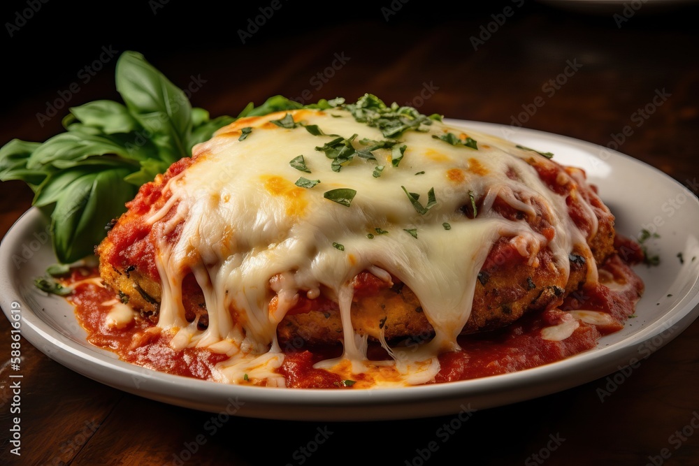 Chicken parmesan breaded chicken with tomato sauce and melted mozzarella cheese ilustración de